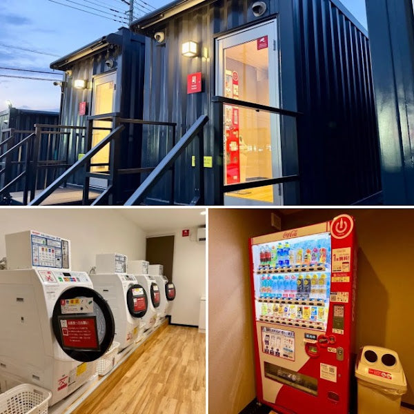 Collage of a shipping container building, laundry machines, and a vending machine.