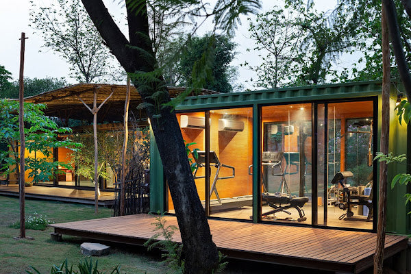 Shipping Container Home with Woven Bamboo Roof and Personal Gym, Aravali Hills, India