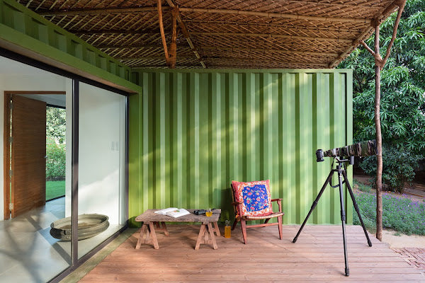 Shipping Container Home with Woven Bamboo Roof and Personal Gym, Aravali Hills, India
