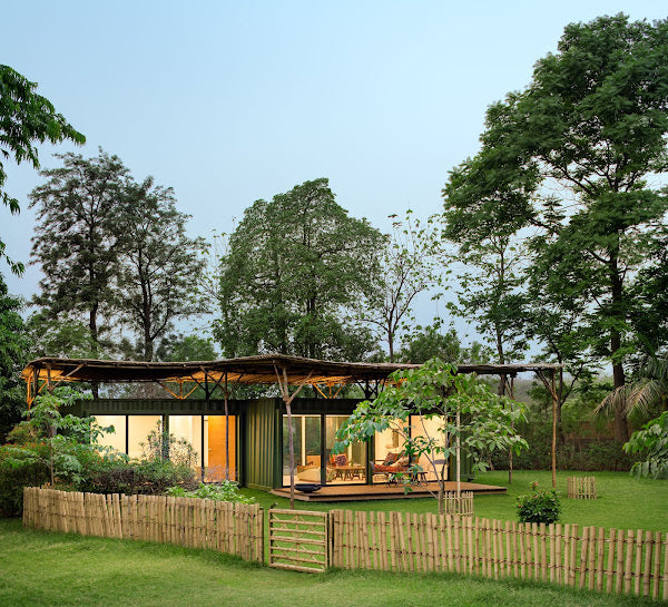 Shipping Container Home with Woven Bamboo Roof and Personal Gym, Aravali Hills, India
