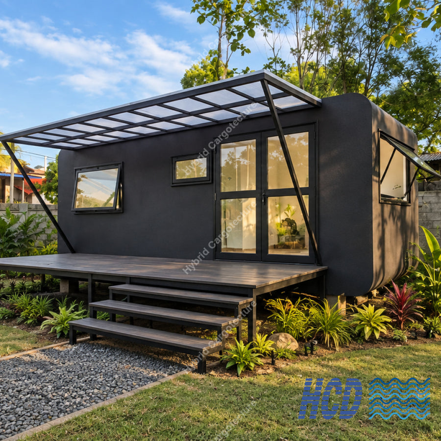 A modern black prefab cabin/ capsule with a glass-paneled roof and elevated wooden deck, set in a landscaped backyard with grass, plants, trees, and a stone wall.