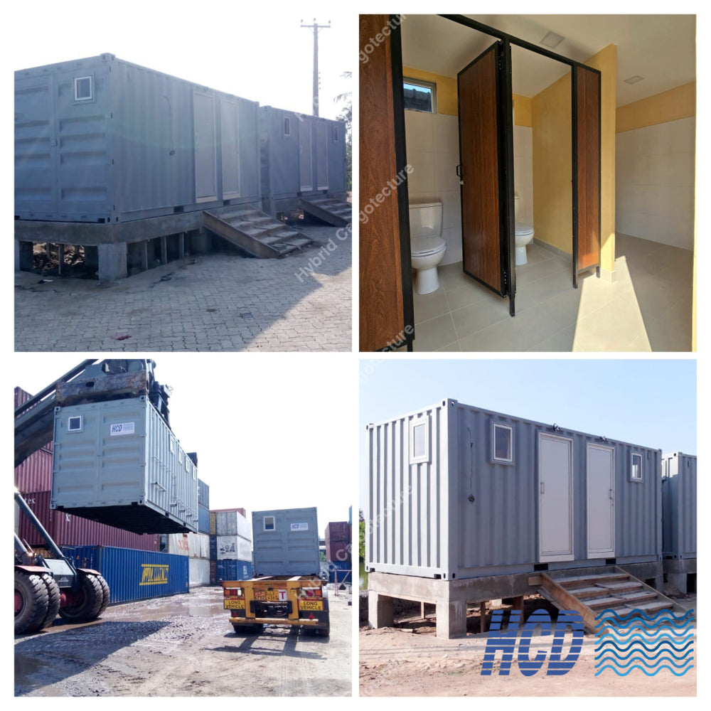 HCD Kudawa Beach mobile washroom project showing exterior and interior views