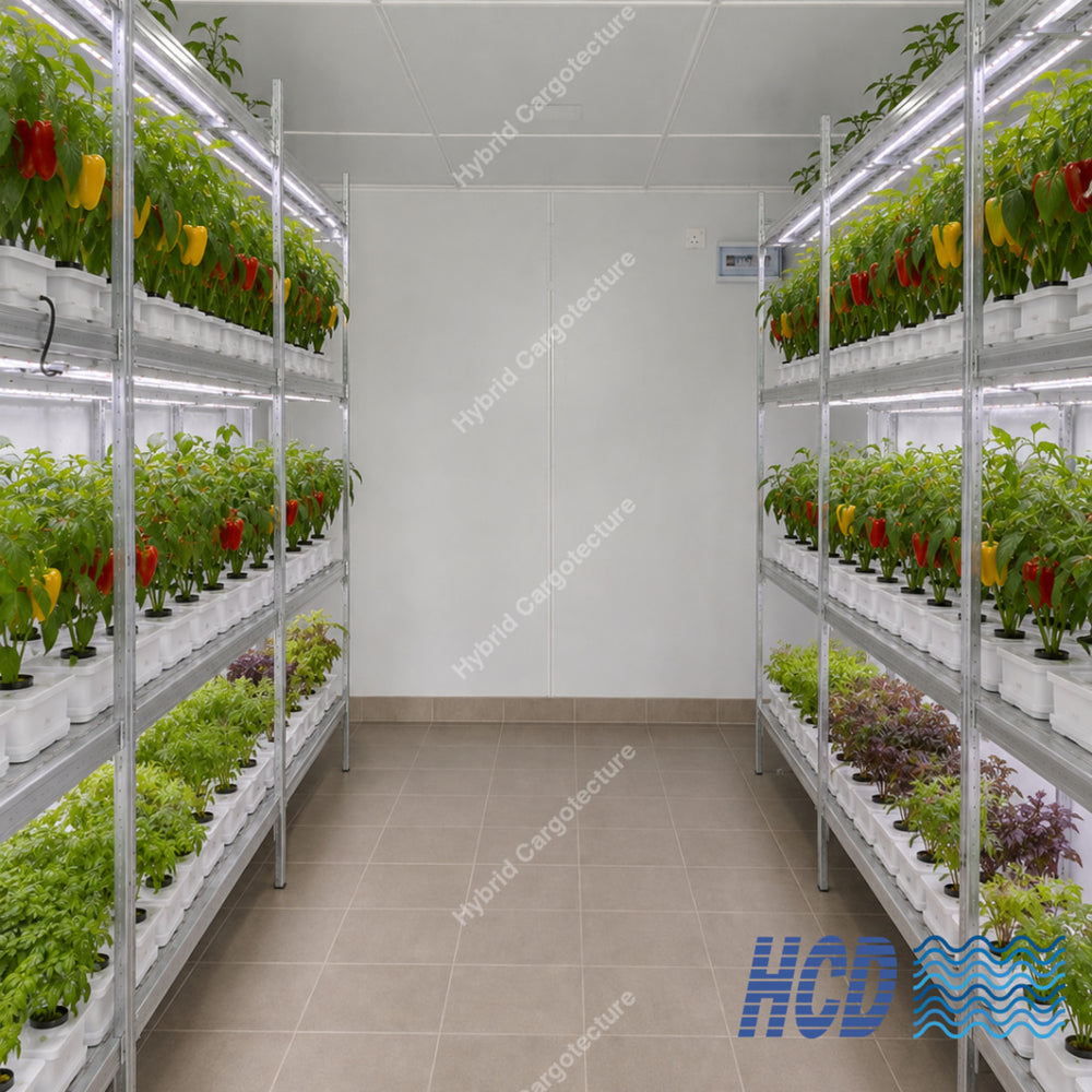 Indoor hydroponic racks for bell pepper cultivation inside a modified container