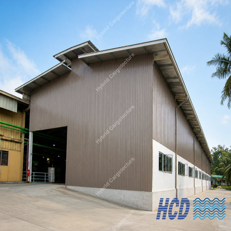 Exterior of the steel warehouse designed and constructed for LAUGFS Rubber in Millewa, Sri Lanka