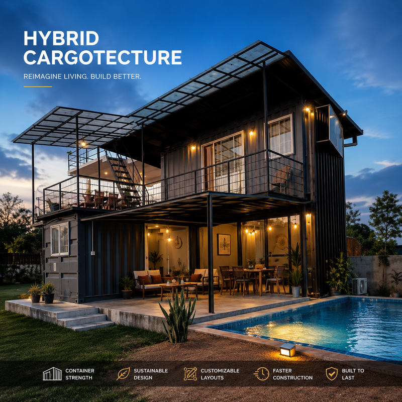 Modern hybrid cargo architecture home with pool at dusk, featuring 'Hybrid Cargotecture' branding.