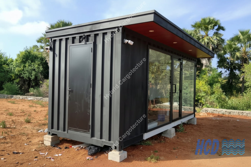 A modern modular shipping container home with dark gray vertical siding, a flat roof with a red underside, and large glass sliding doors, shown outdoors on a dirt lot with trees in the background.