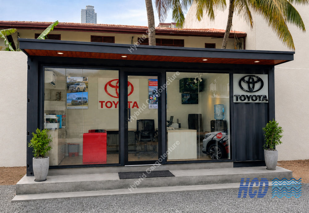 A modern black Toyota car showroom or office entrance with large glass windows, a red Toyota logo on the glass, a white Toyota emblem on the door, and a visible car inside. Palm trees and a beige building surround the structure.