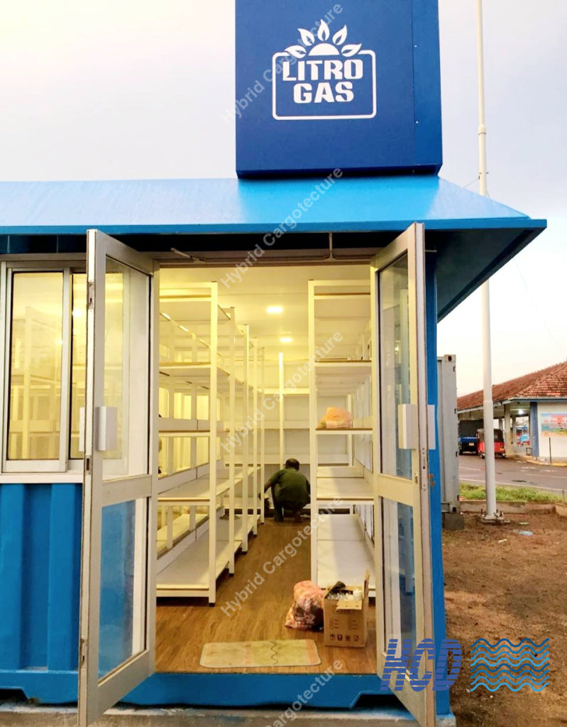 HCD container retail shop at Dikkowita with glazed entrance and shelves