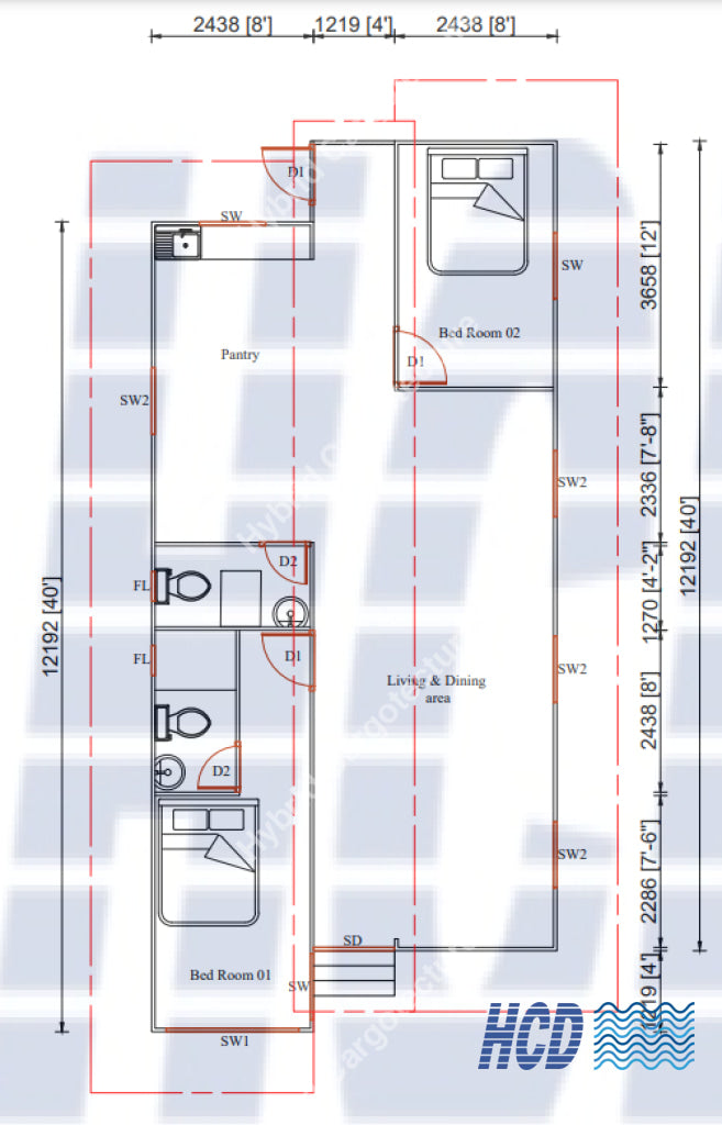 Two-Bedroom Container House Plan | Spacious 40Ft Shipping Home Design